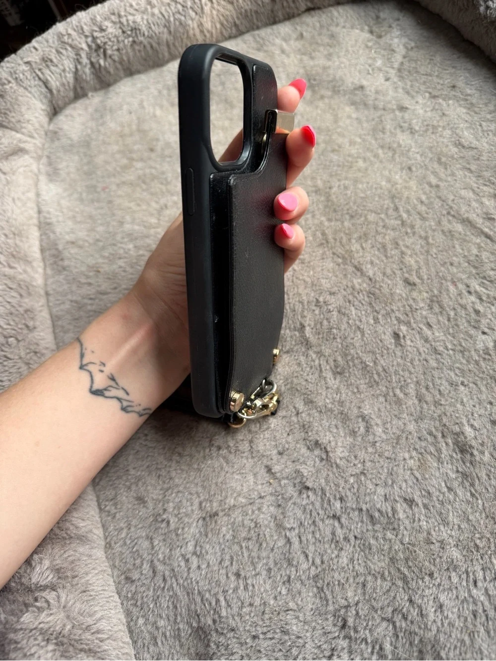 iPhone 13 Pro Max Black Leather Wristlet Phone Wallet Case with Gold Accents